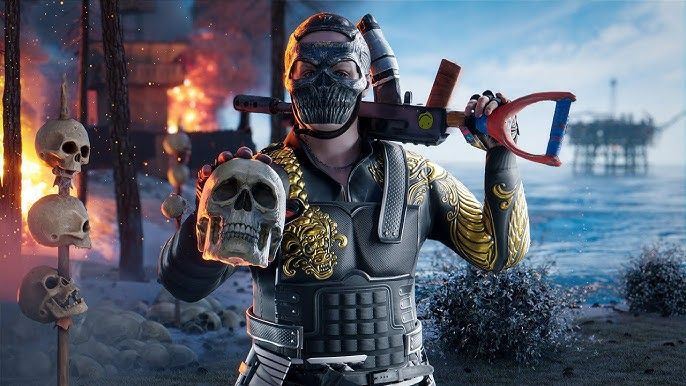 The Lord on the shore — skull in hand, fire behind, rig on the horizon